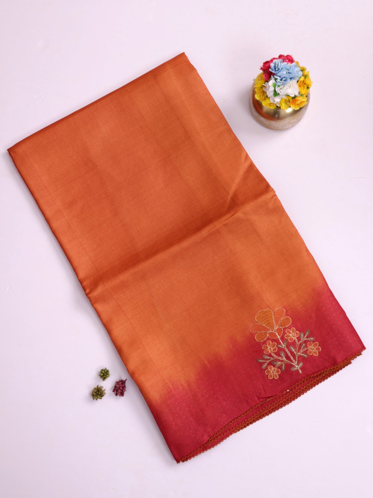 Orange Tussar Silk Saree With Red Embroidered Border