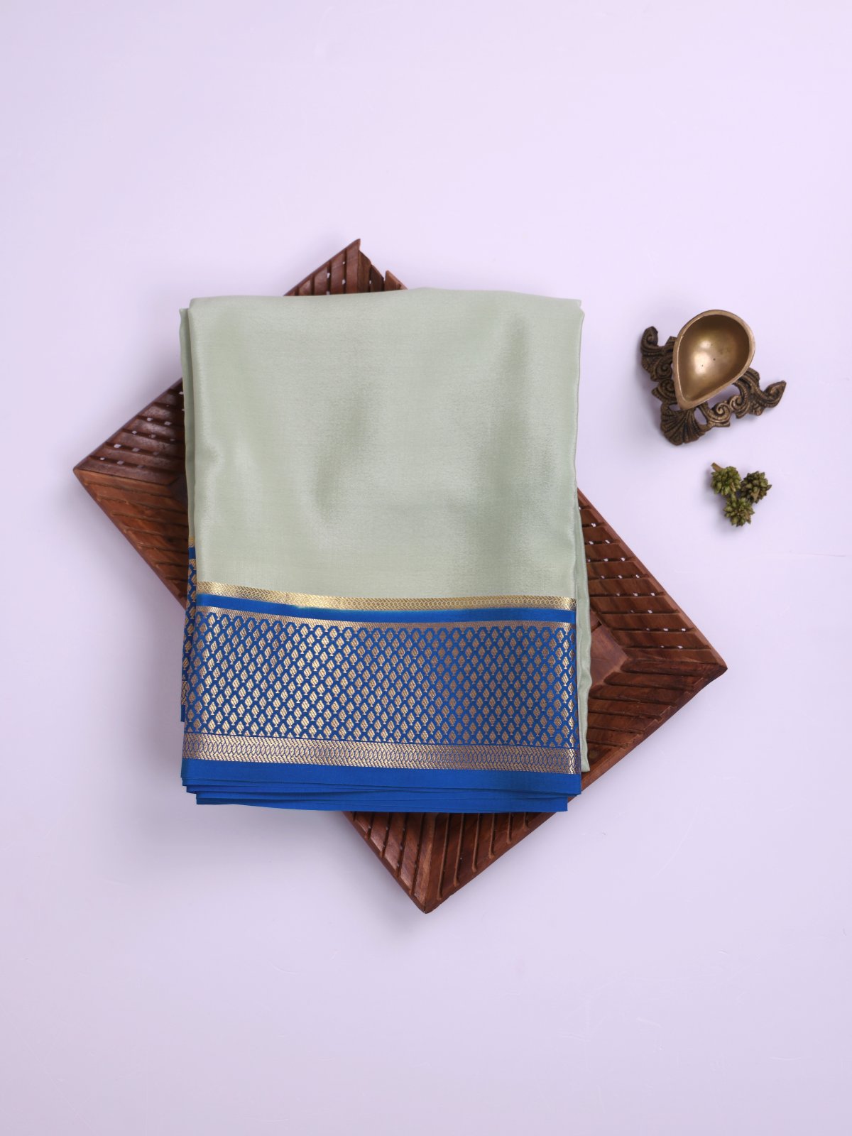 Light Pista Green Mysore Silk Saree with Blue Zari Border