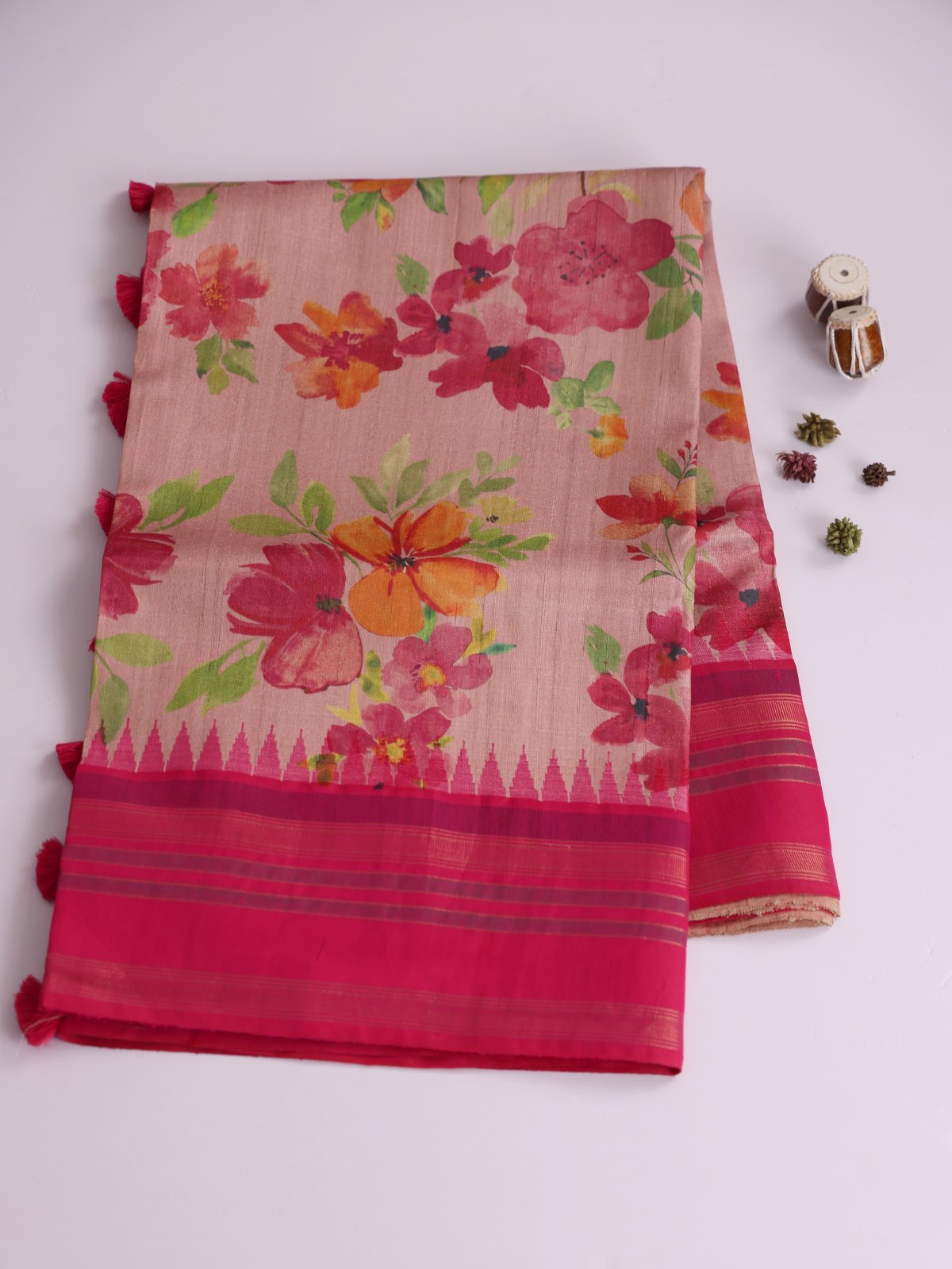 Pastel Pink Printed Tussar Silk Saree With Rani Pink Border