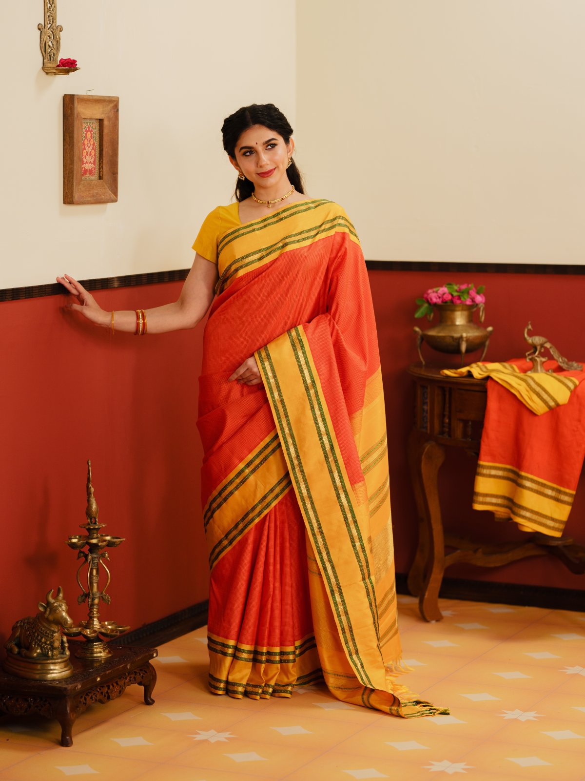 Orange Checked Kanjeevaram Silk Saree With Mustard Yellow Border