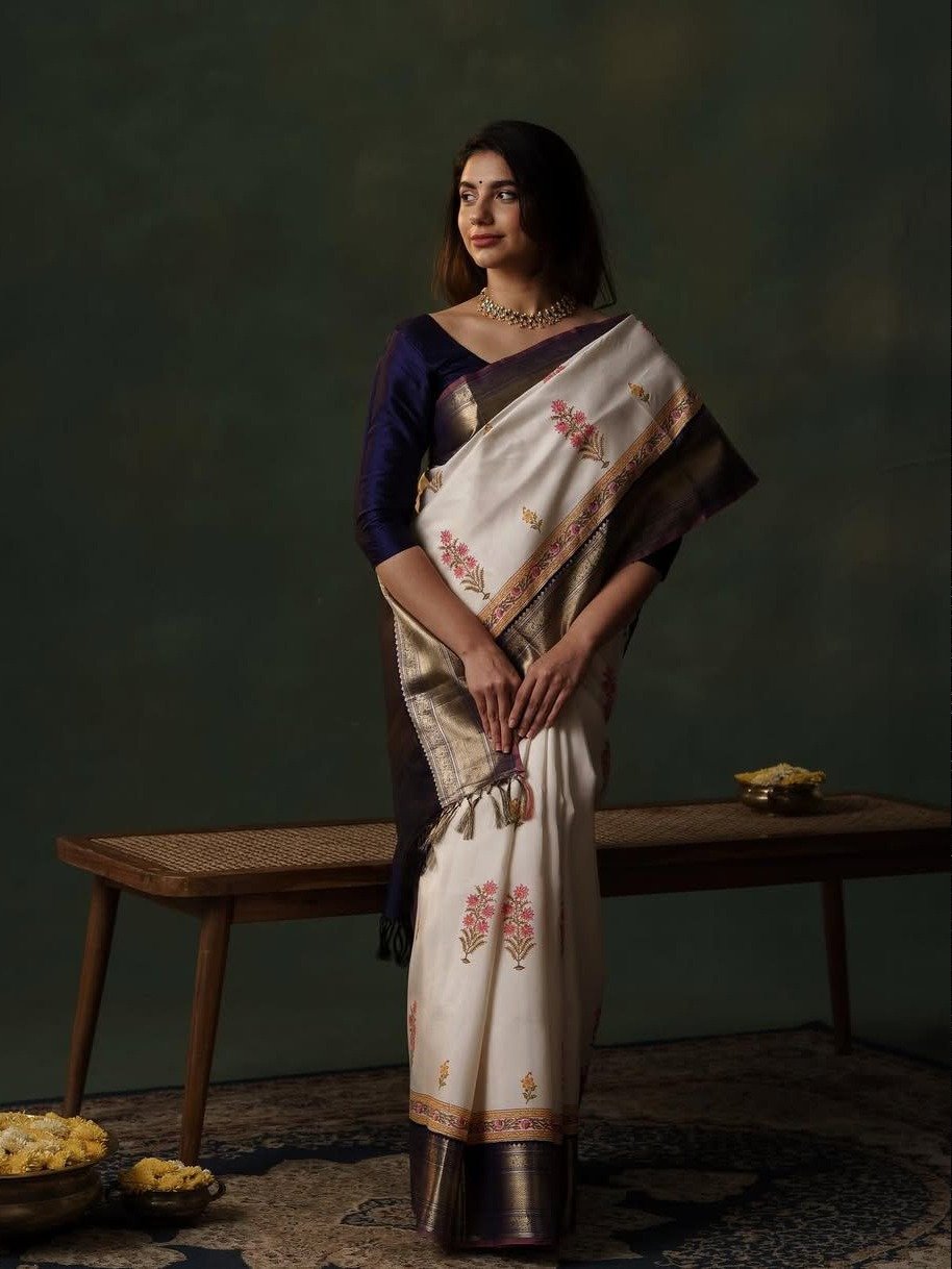 White Block Printed Kanjeevaram Silk Saree With Deep Purple Border