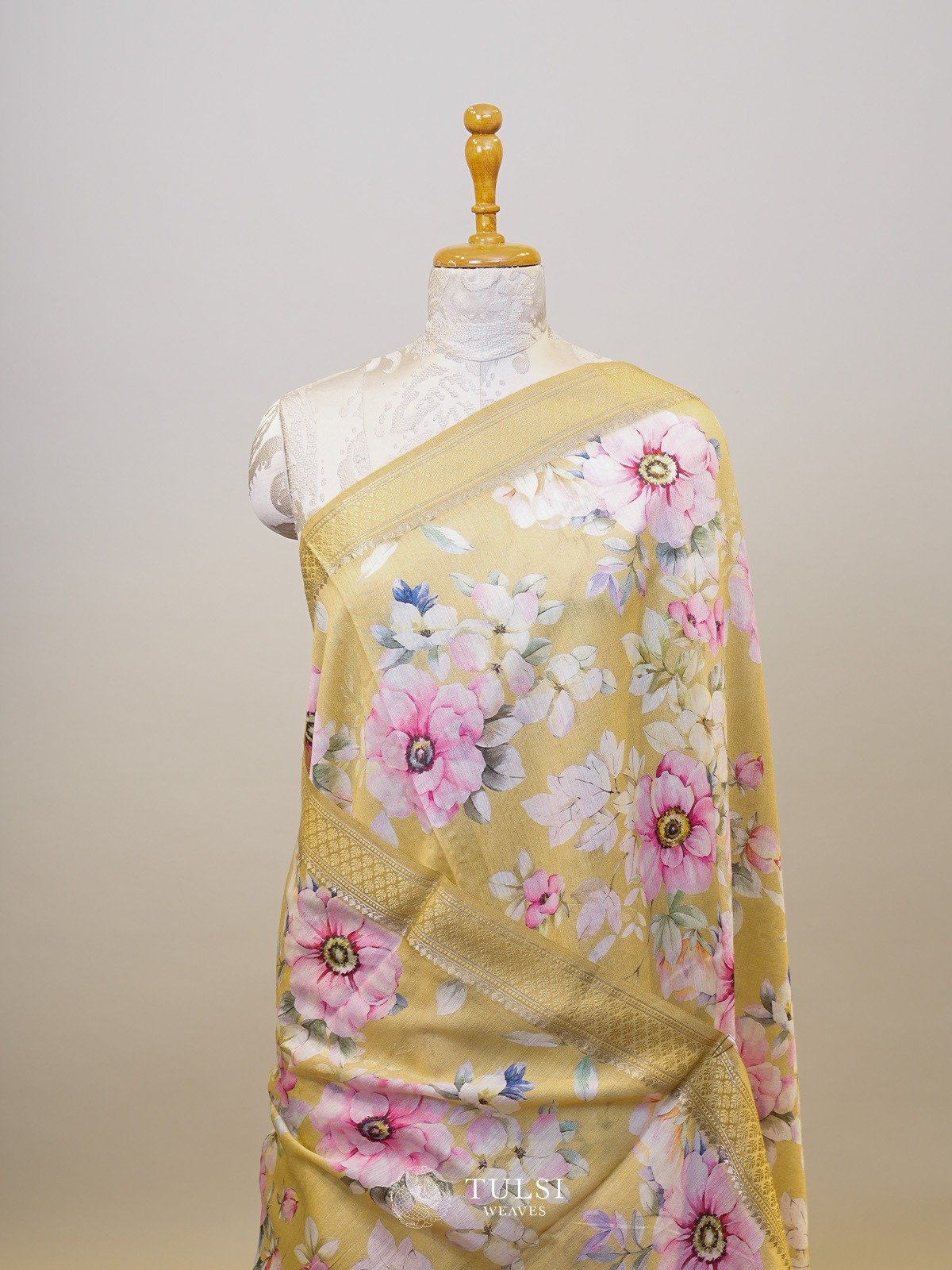 Mustard Munga Printed Silk Saree