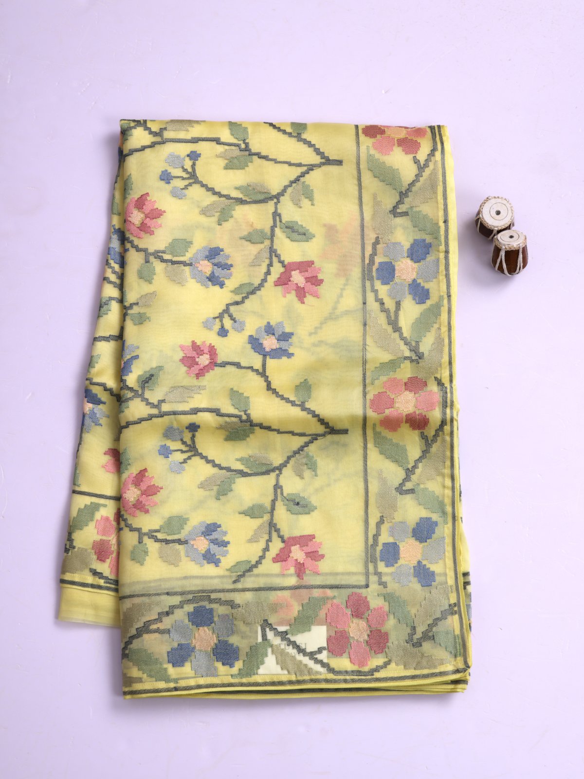 Yellow Embroidered Organza Silk Saree