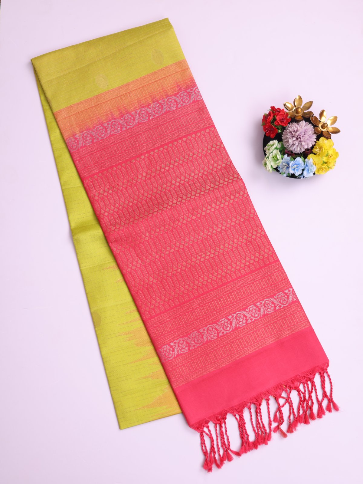 Yellowish Green Soft Silk Saree With Coral Pink Border