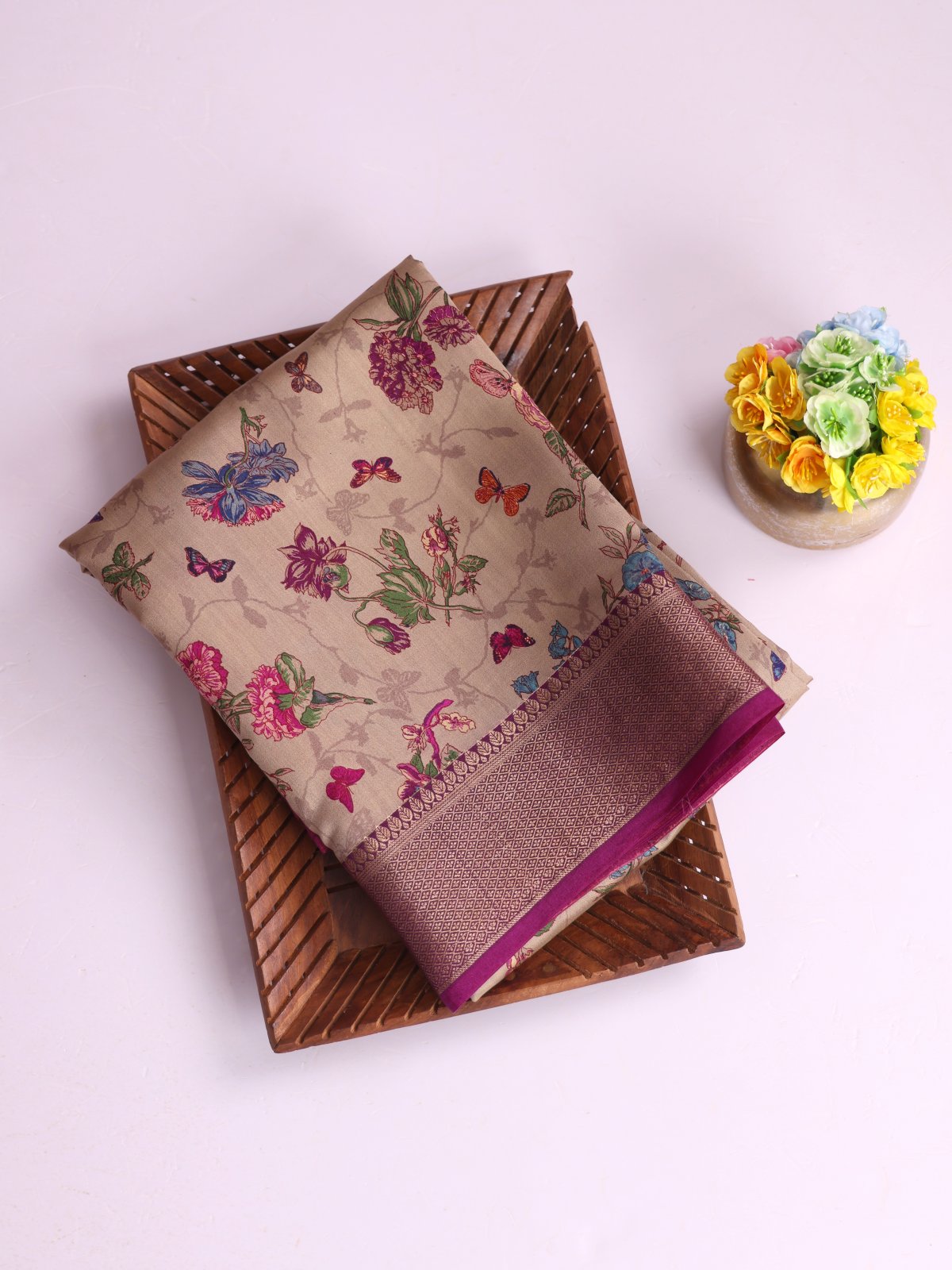 Beige Printed Chaniya Silk Saree With Zari Border