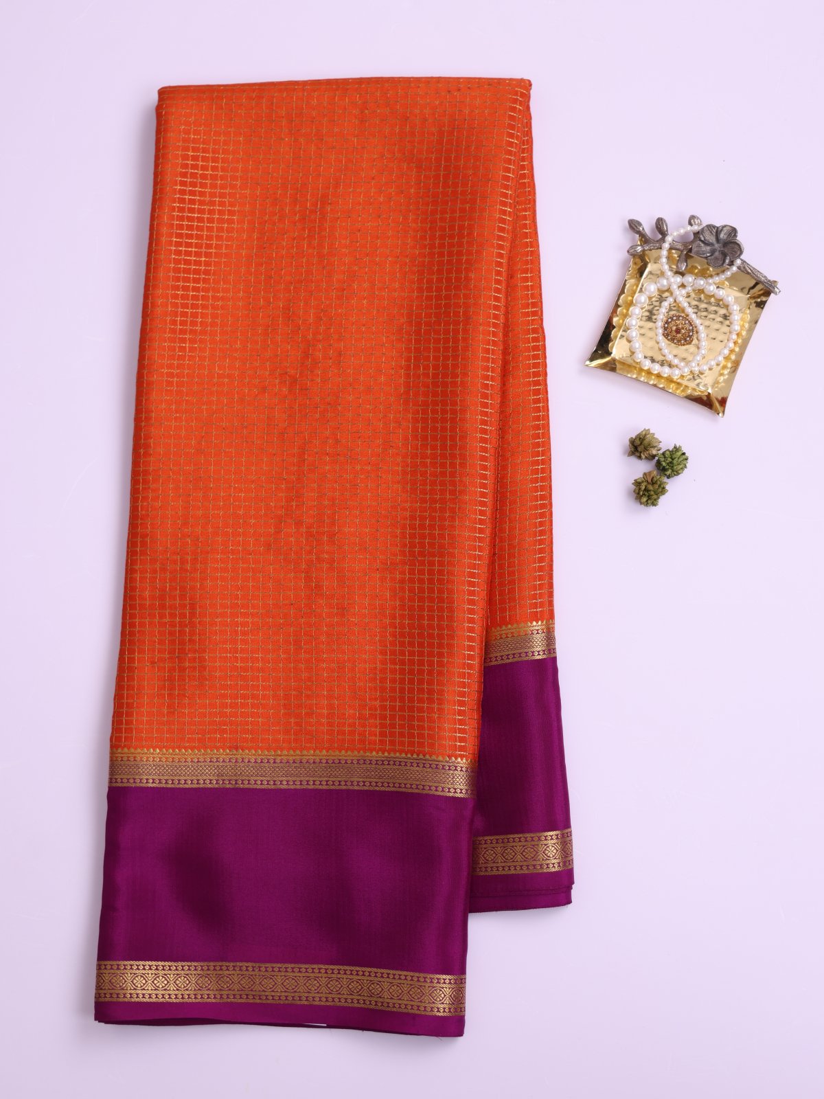 Orange Zari Checked Mysore Silk Saree With Purple Border