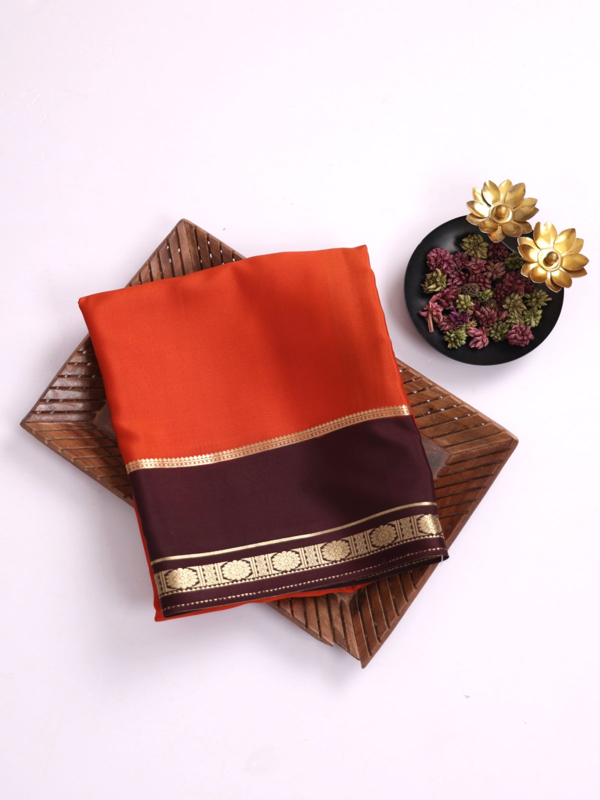 Rust Orange Mysore Crepe Silk Saree With Brown Border