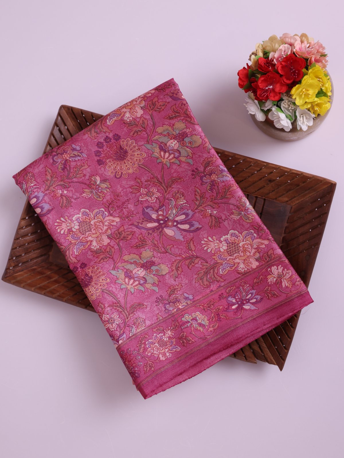 Pink Printed Tussar Silk Saree