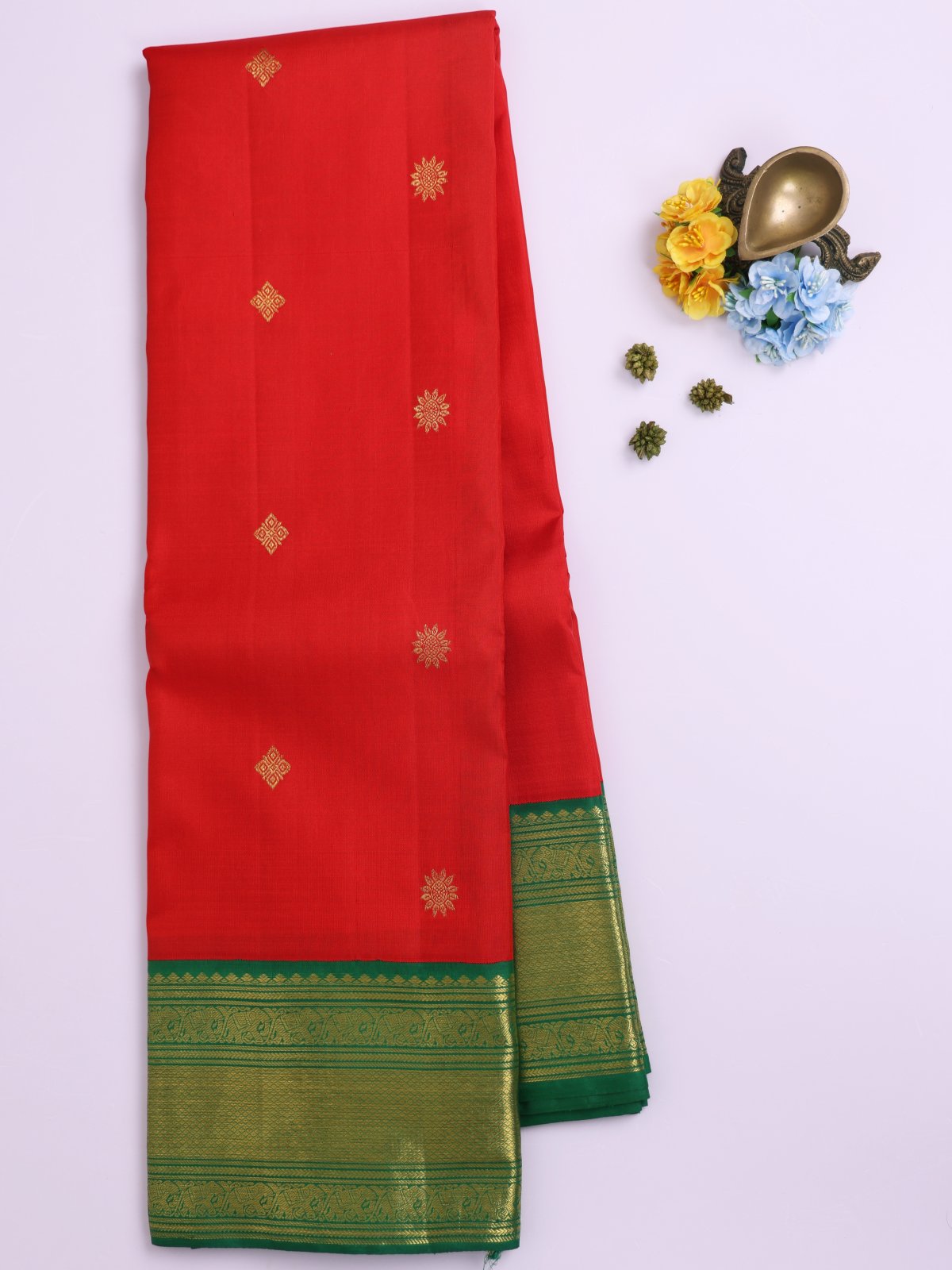 Reddish Orange Kanjeevaram Silk Saree With Green Border