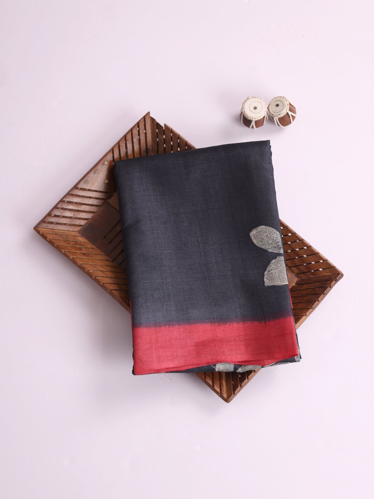 Black Printed Tussar Silk Saree With Red Border