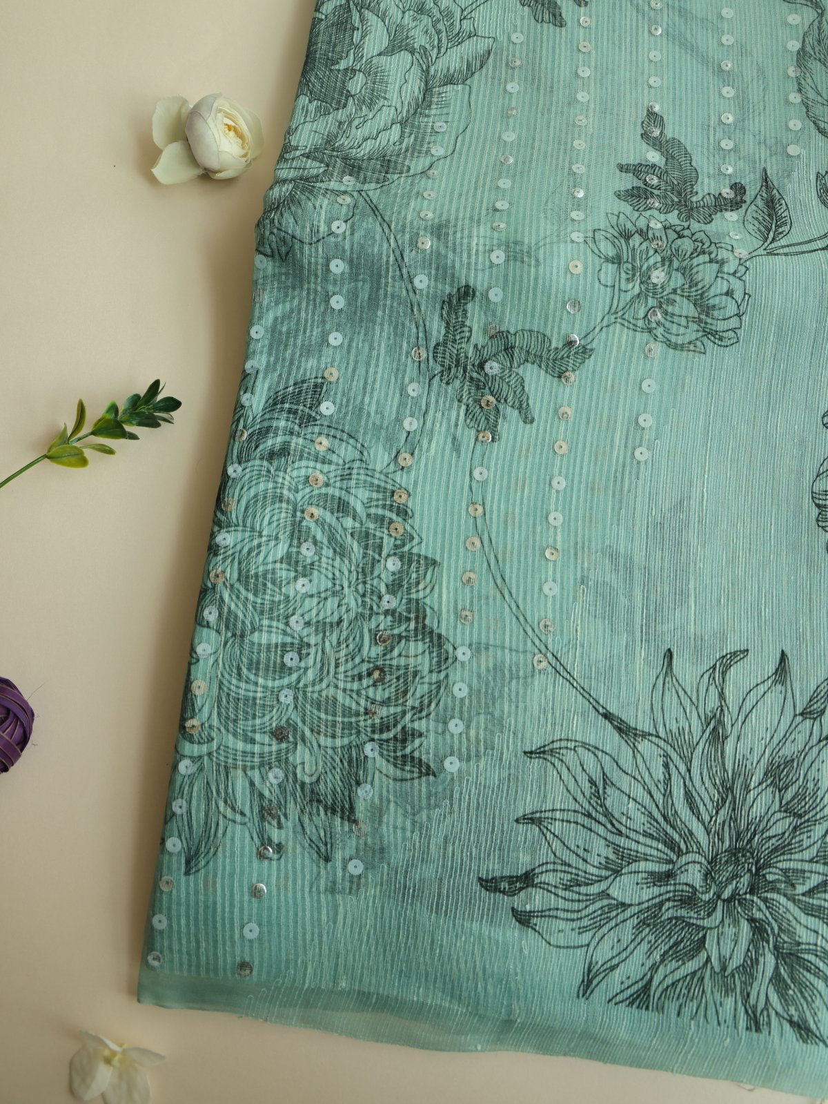 Light Blue Kora Jute Saree with Floral Print