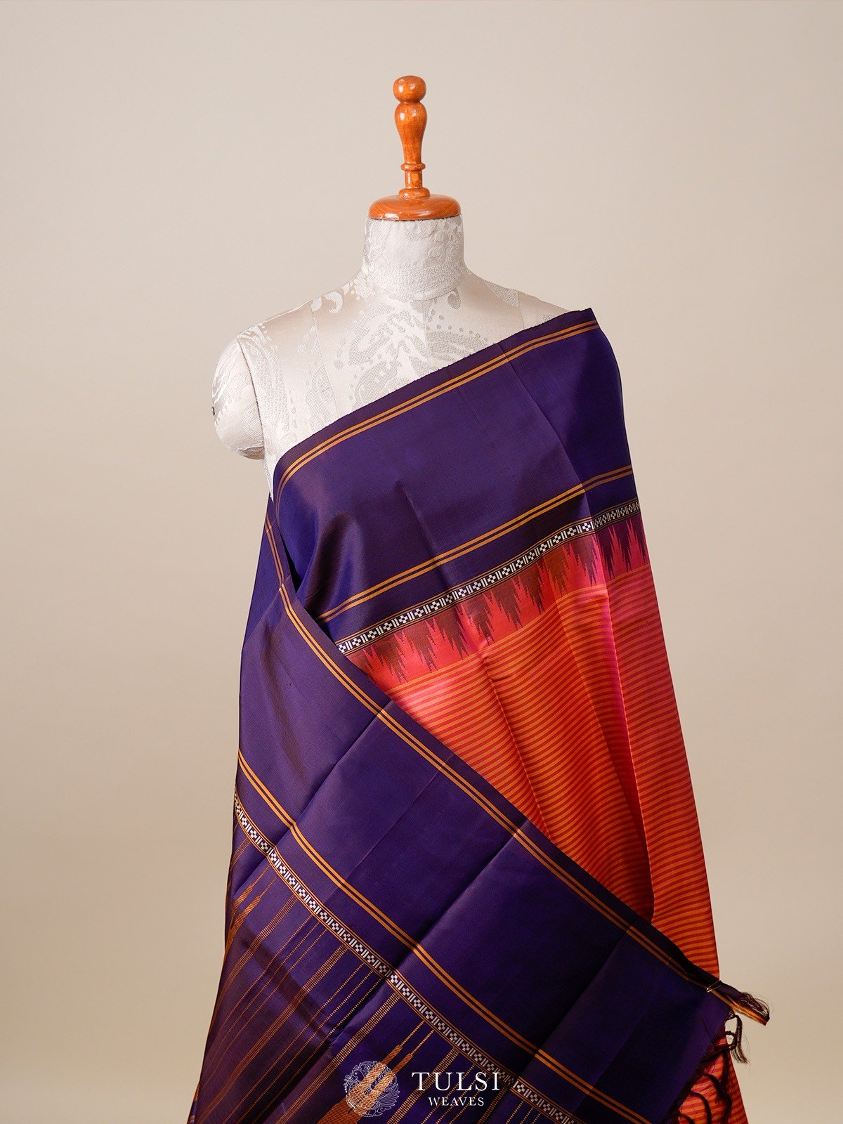 Orange Striped Kanjeevaram Silk Saree