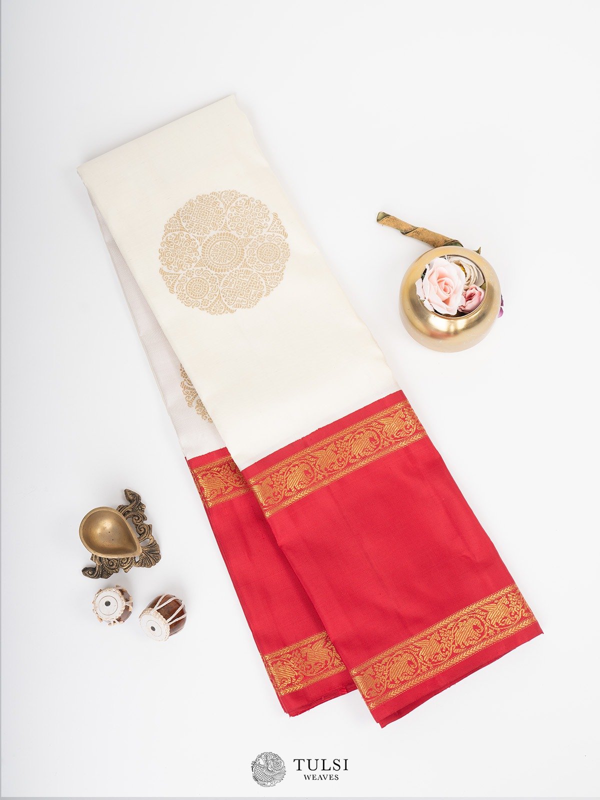 White Kanjeevaram Silk Saree with Red Border