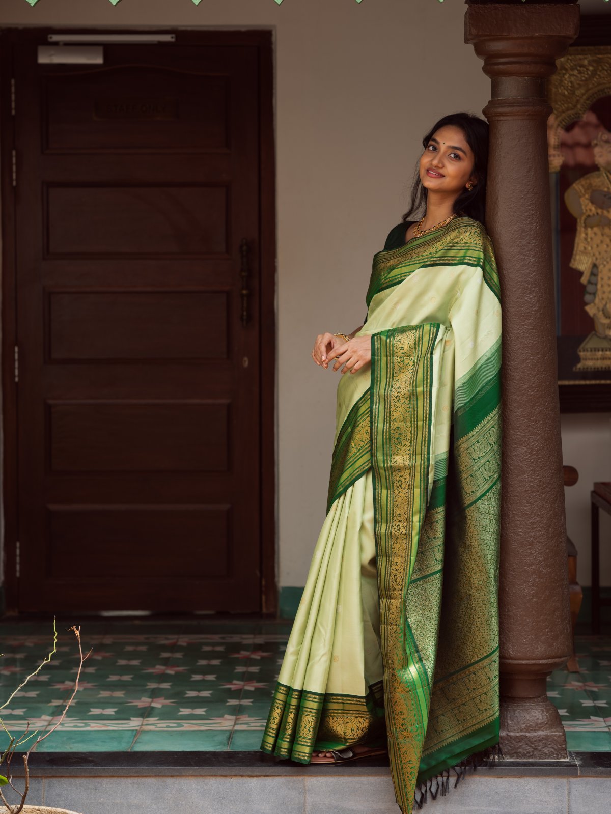 Light Green Kanjeevaram Silk Saree With Dark Green Border