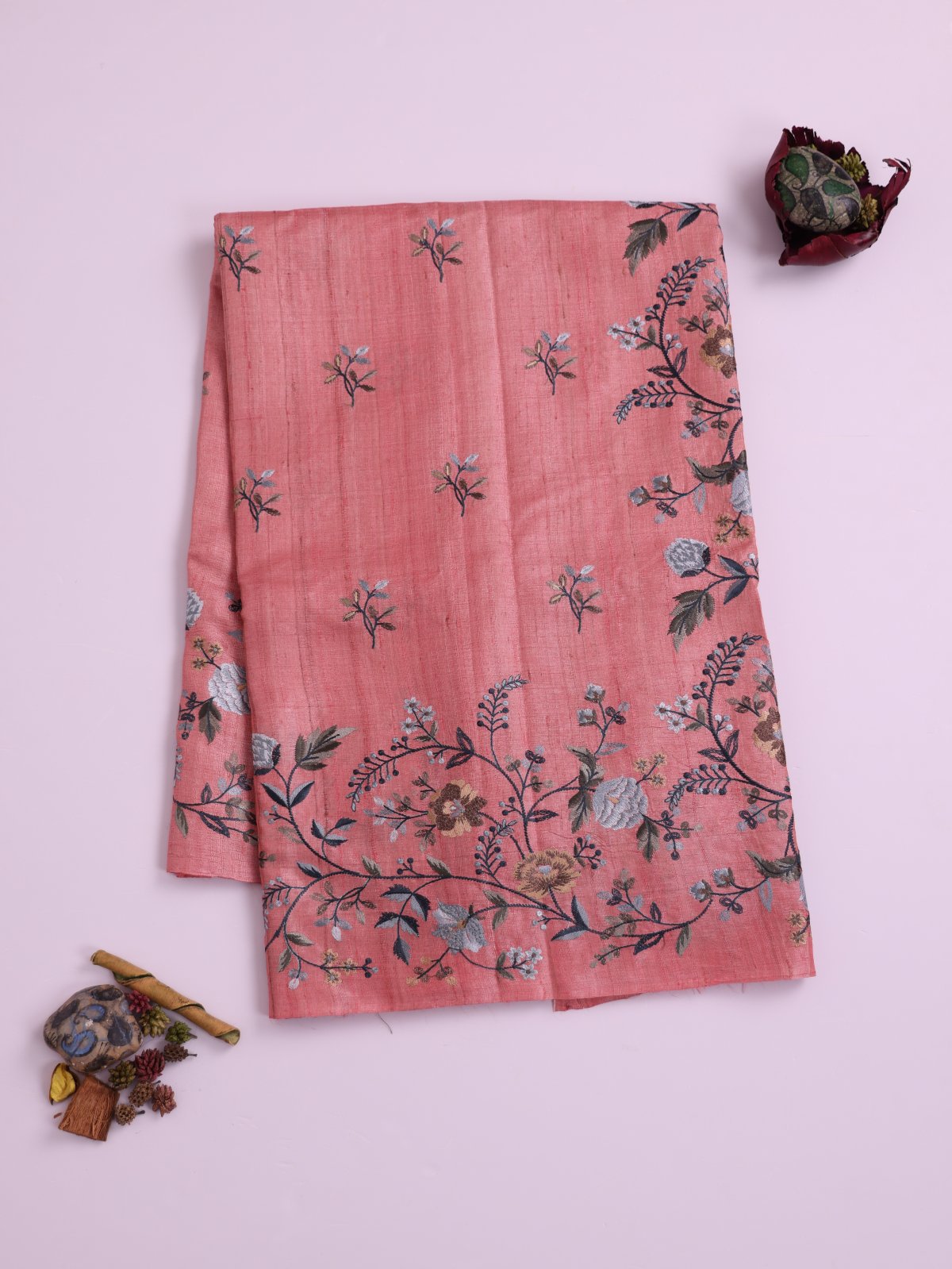 Peachish Pink Embroidered Tussar Silk Saree