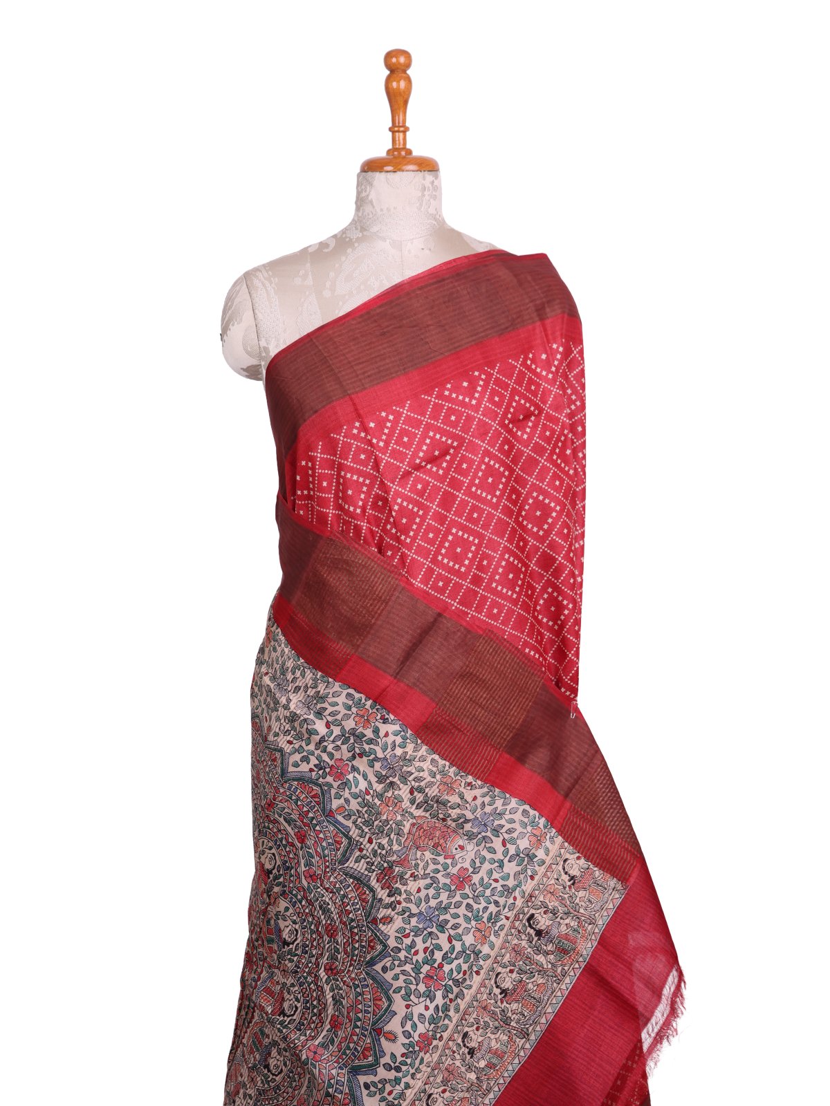 Red Printed Tussar Silk Saree with Madhubani Print