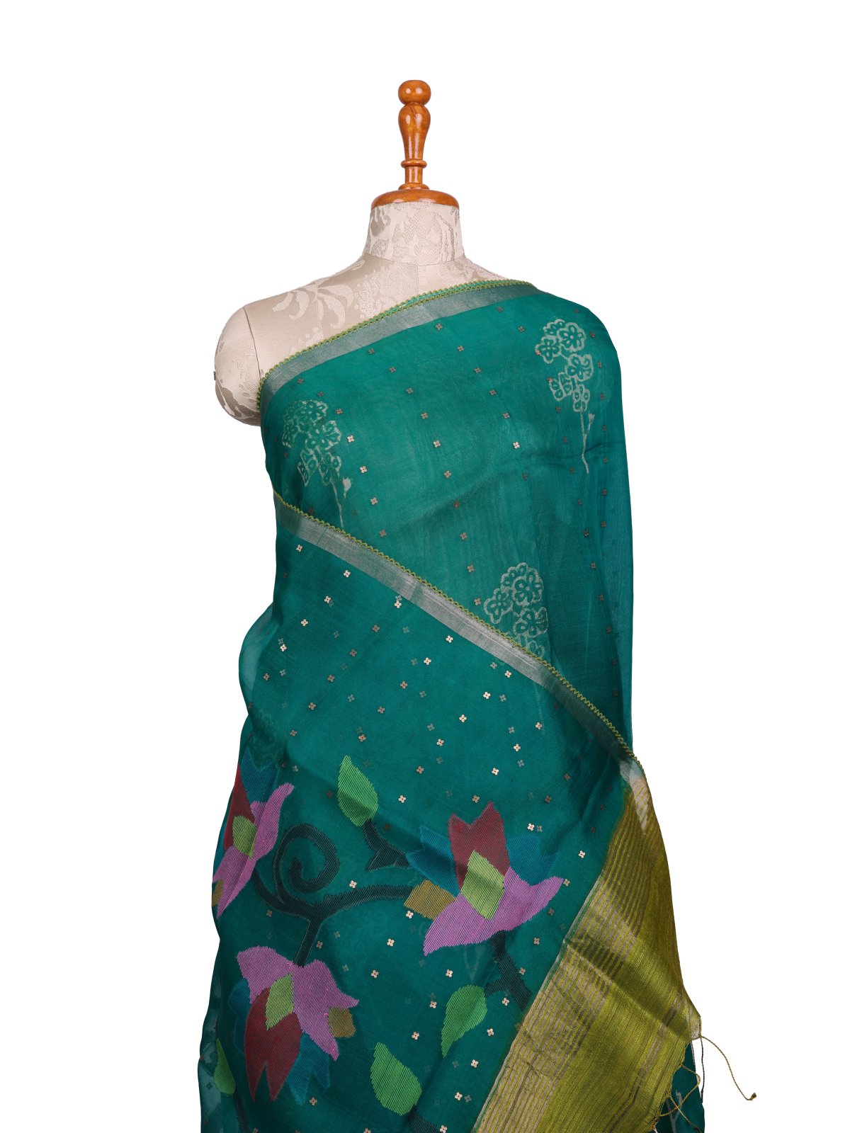Teal Green Printed Organza Silk Saree With Jamdani Pallu