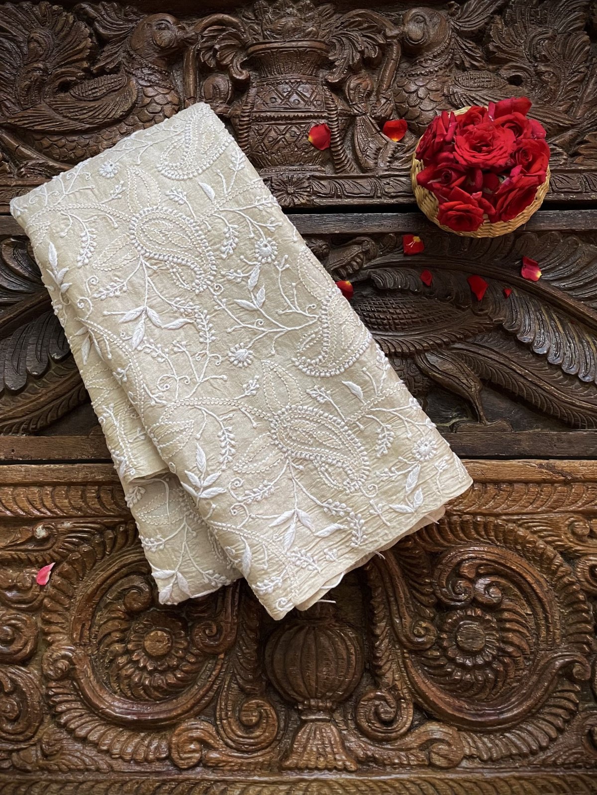 Cream Tussar Silk Blouse With Chikankari Embroidery