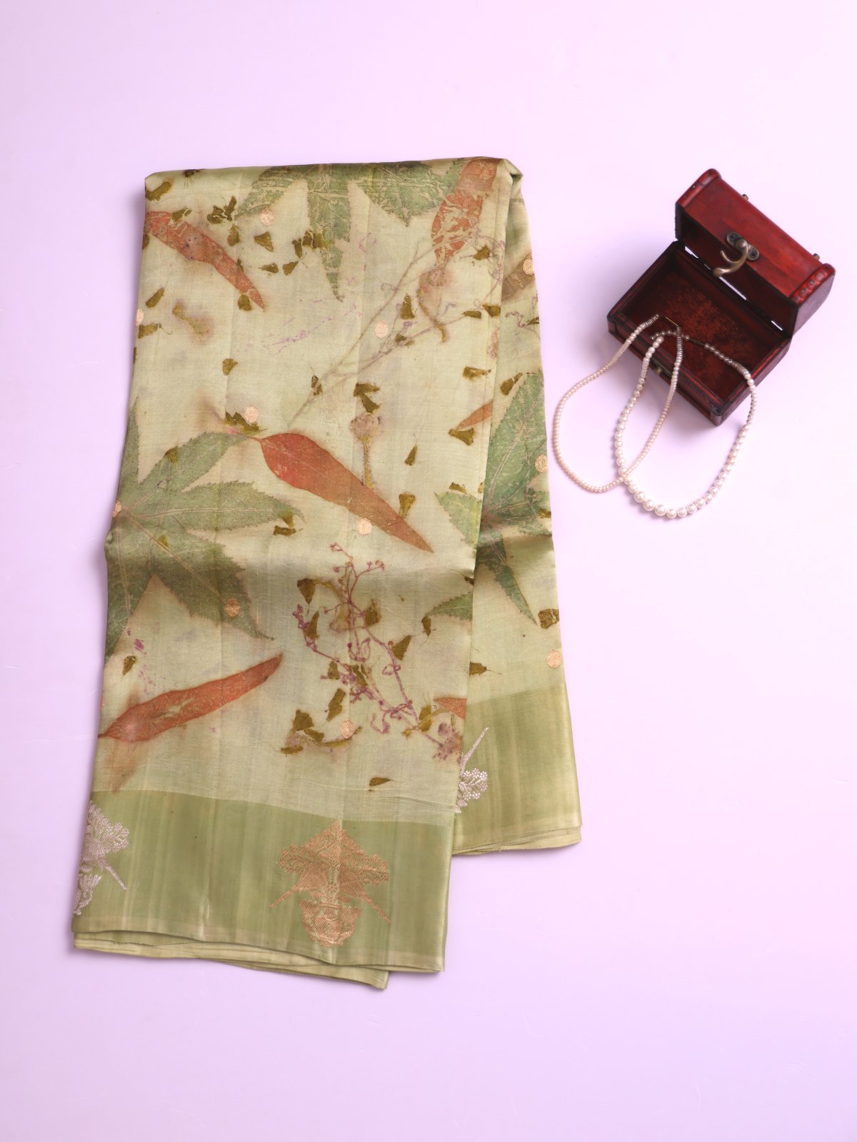 Pastel Green Eco Print Tussar Silk Saree with Self Satin Border