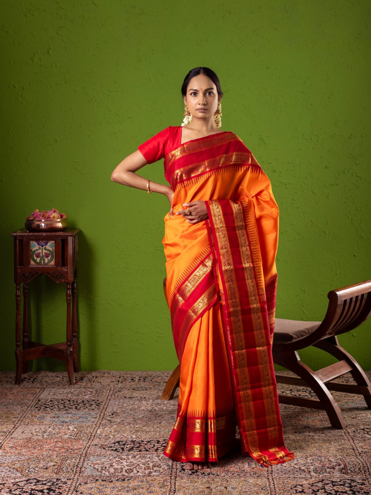 Orange Kanjeevaram Silk Saree with Contrast Border