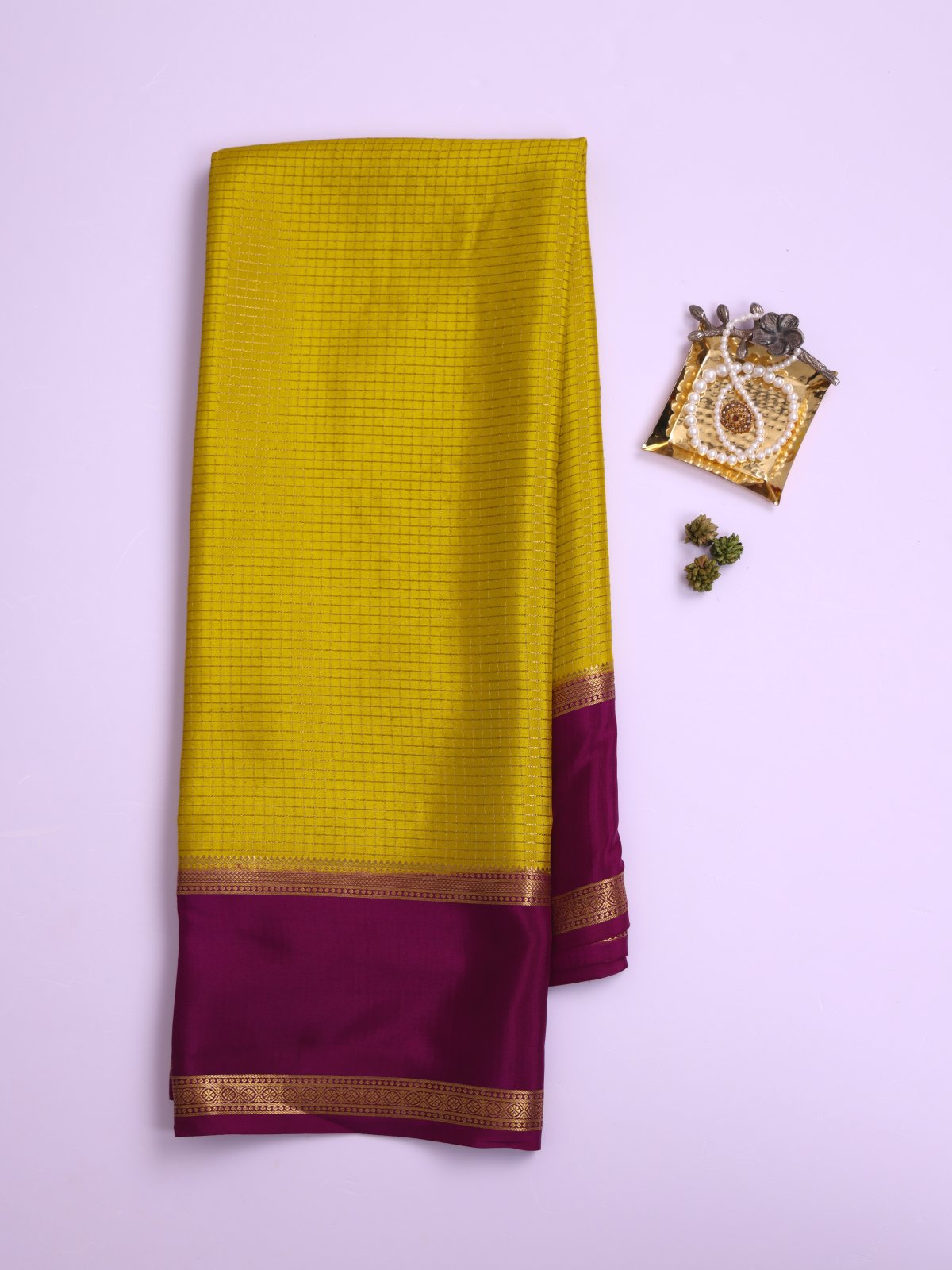 Greenish Yellow Checked Mysore Silk Saree with Purple Border
