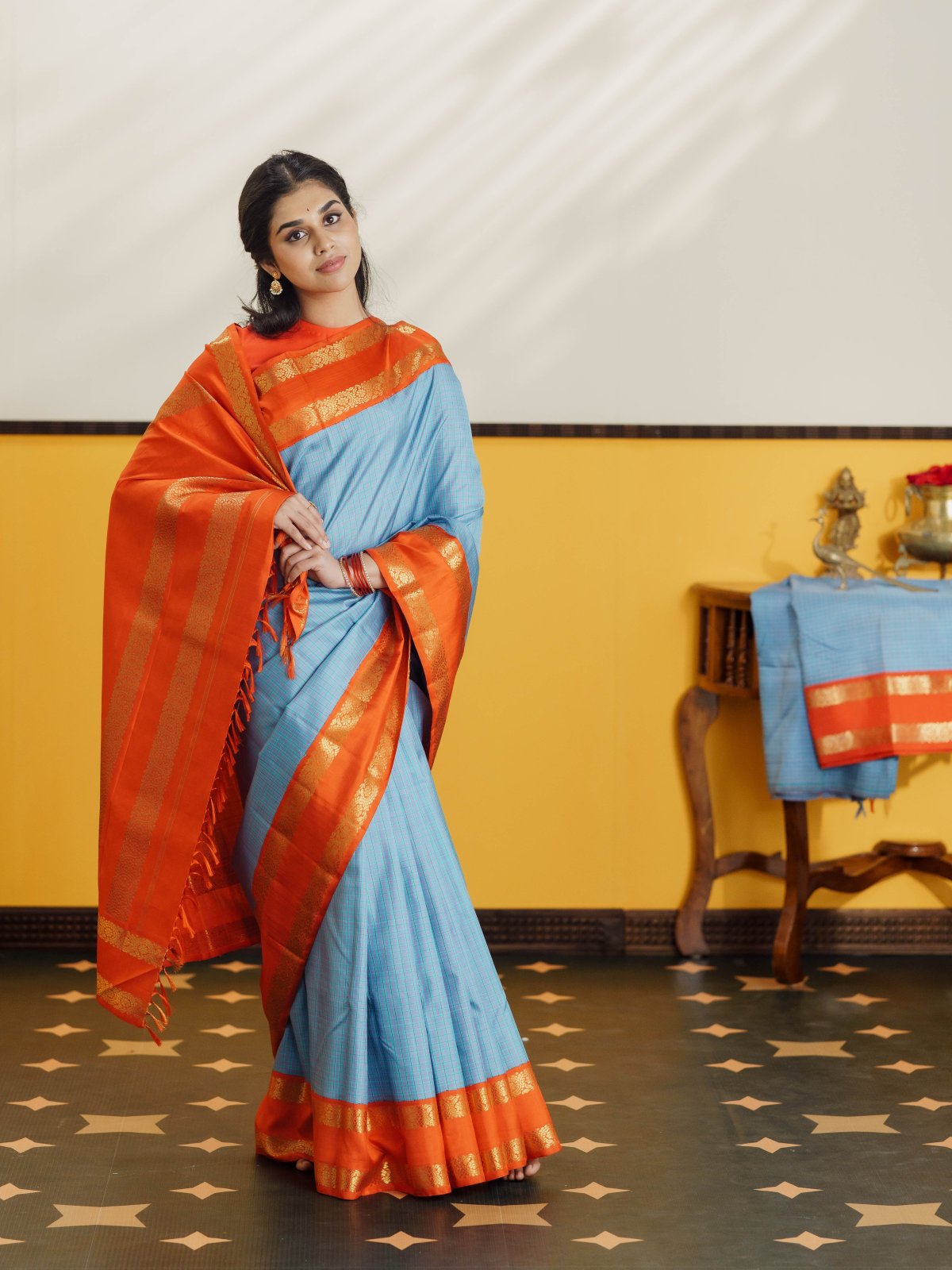 Vintage 68 - Light Blue Checked Kanjeevaram Silk Saree With Orange Border