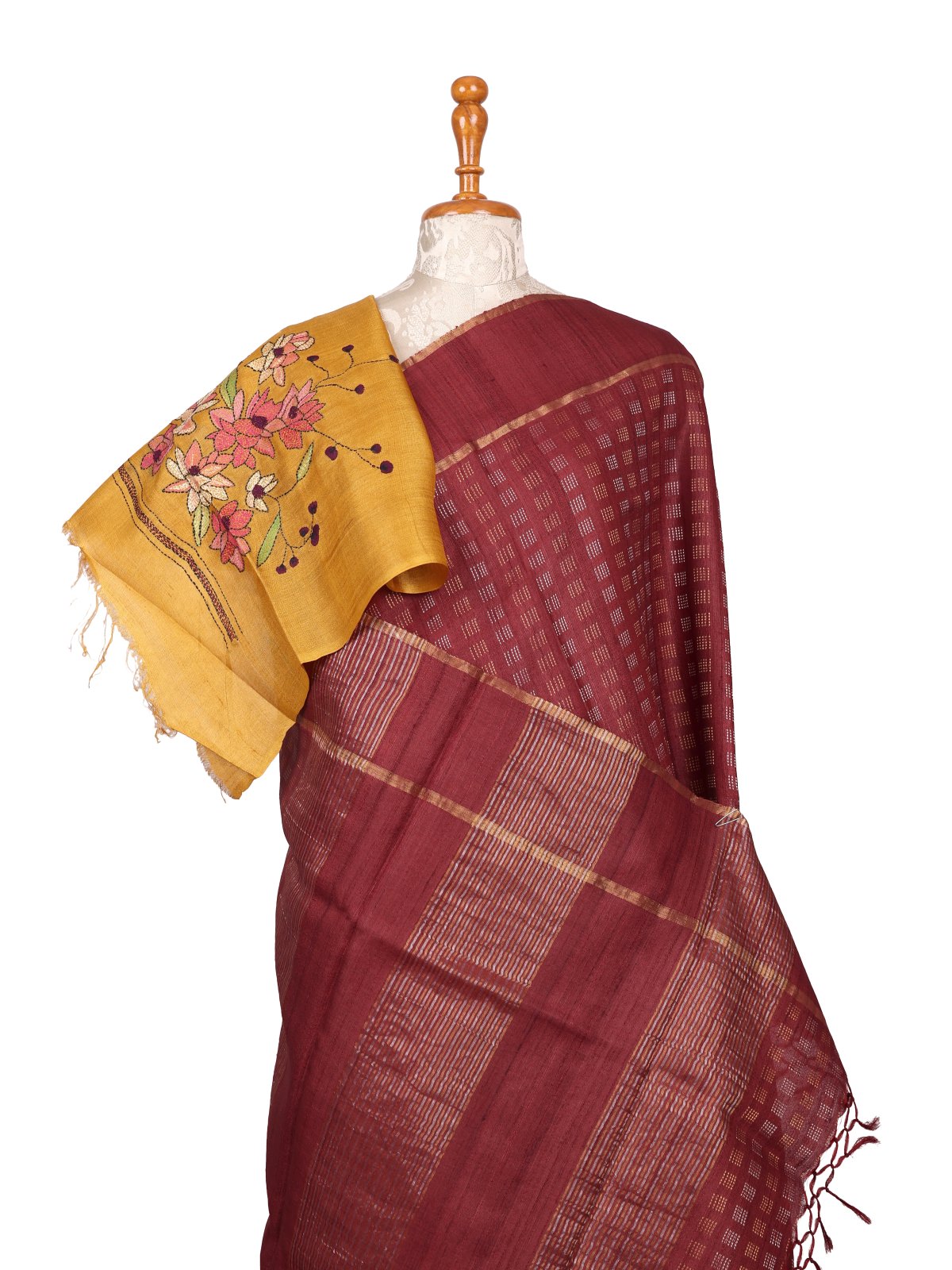 Maroon Tussar Silk Saree with Kantha Embroidered Blouse