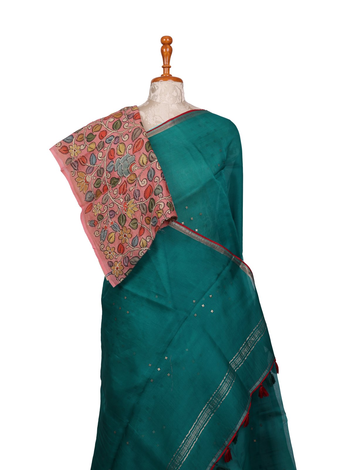 Peacock Green Organza Silk Saree With Kalamkari Blouse