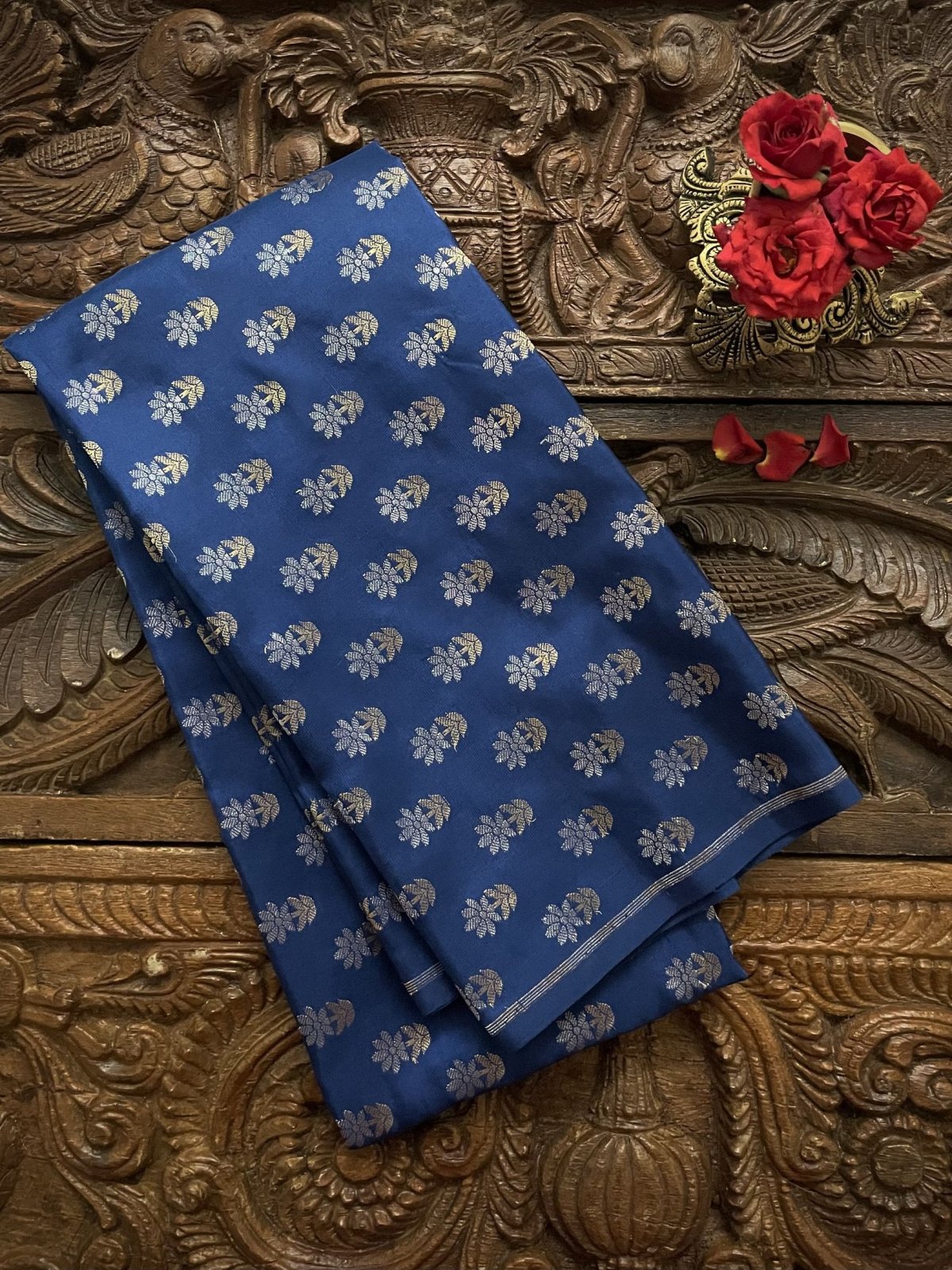 Blue Banaras Silk Blouse With Gold and Silver Floral Buttis
