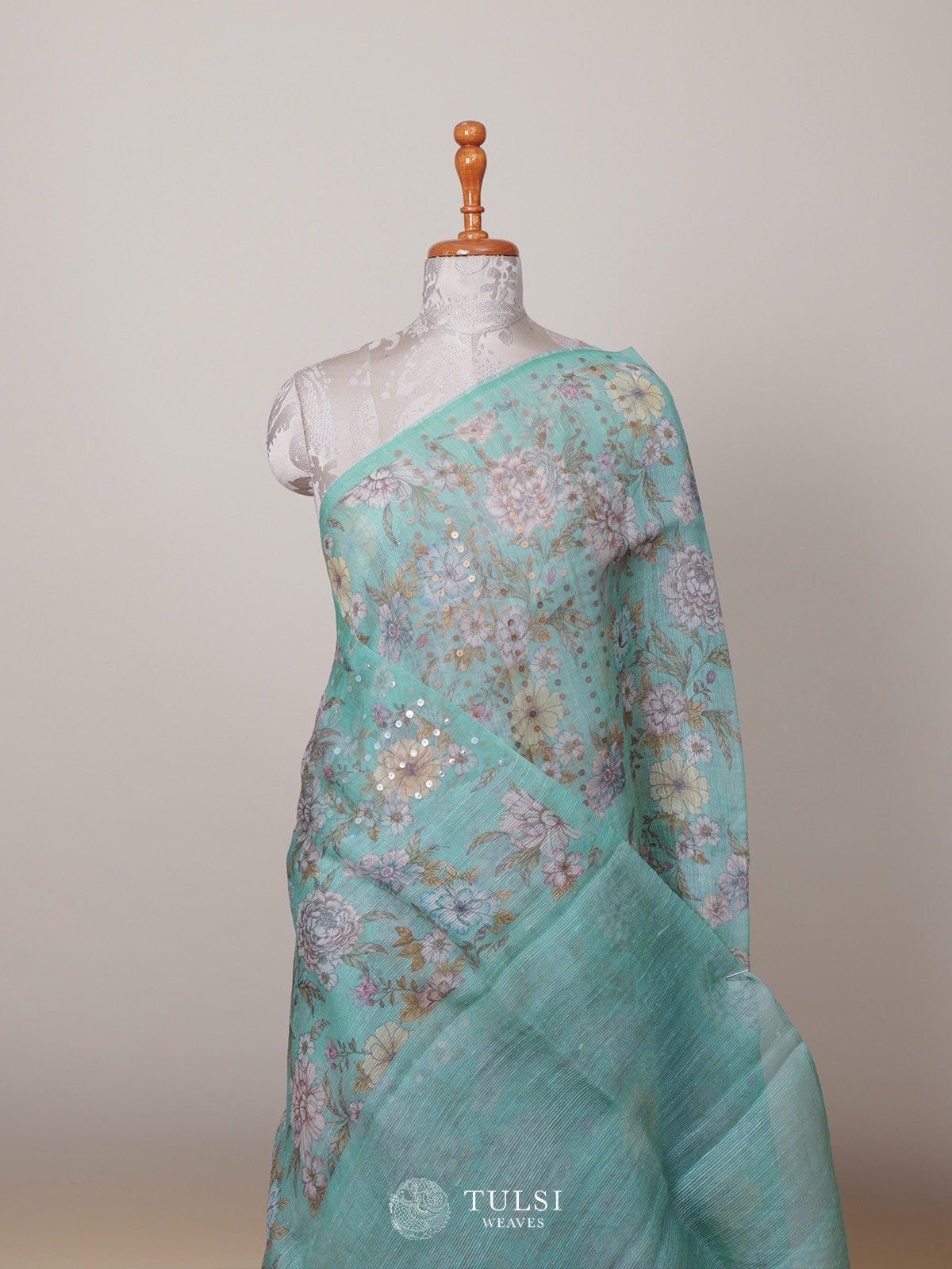 Light Blue Kora Jute Saree with Floral Print