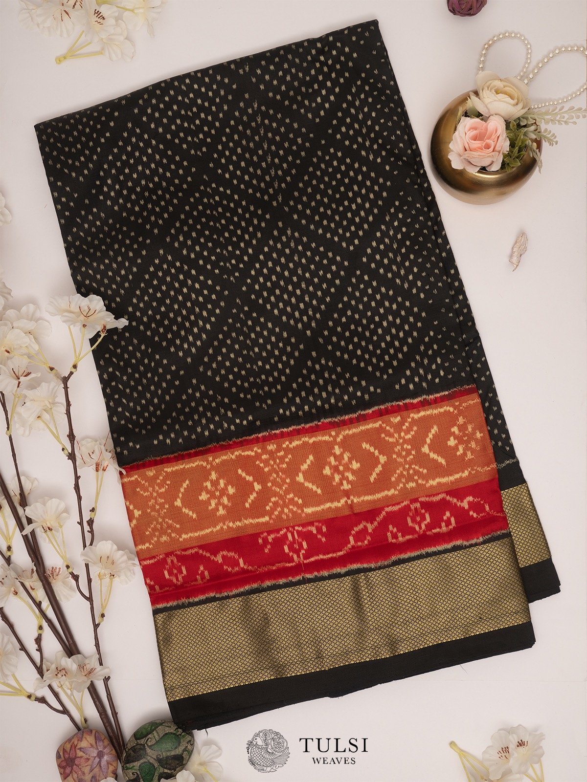 Black Ikat Silk Saree with Red border