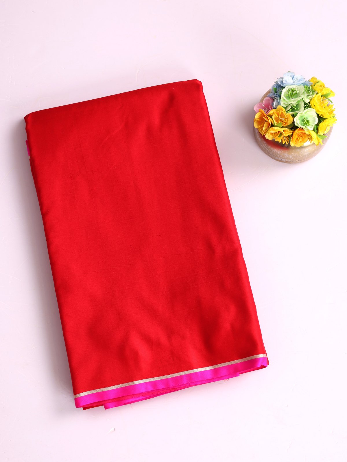 Red Mashru Silk Saree With Pink Border