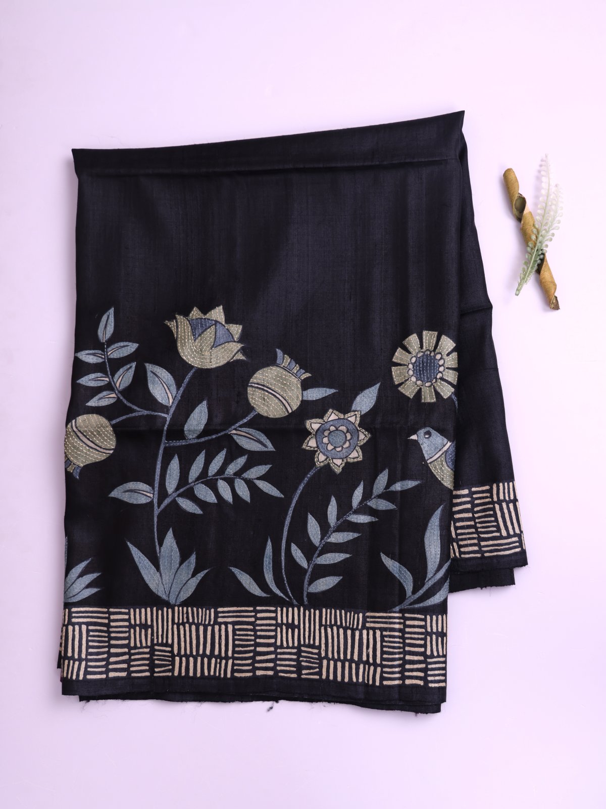 Black Tussar Silk Saree with Kantha Embroidery