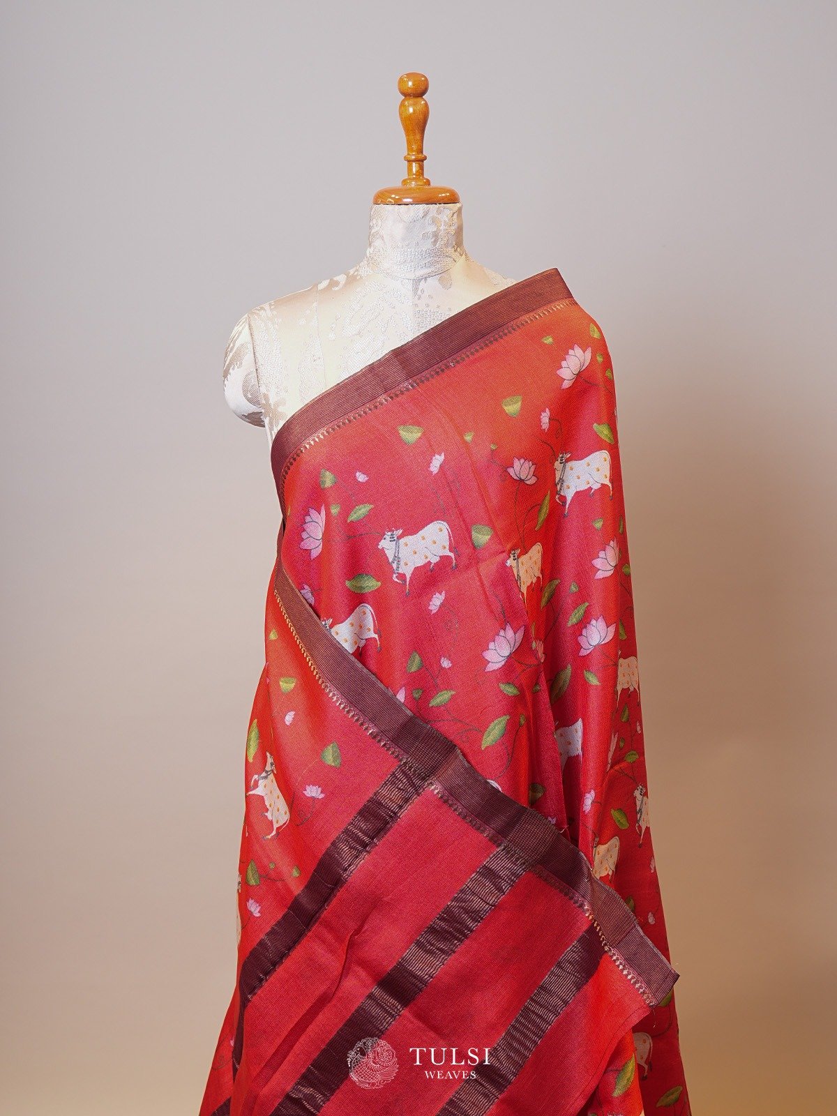 Red Printed Tussar Silk Saree