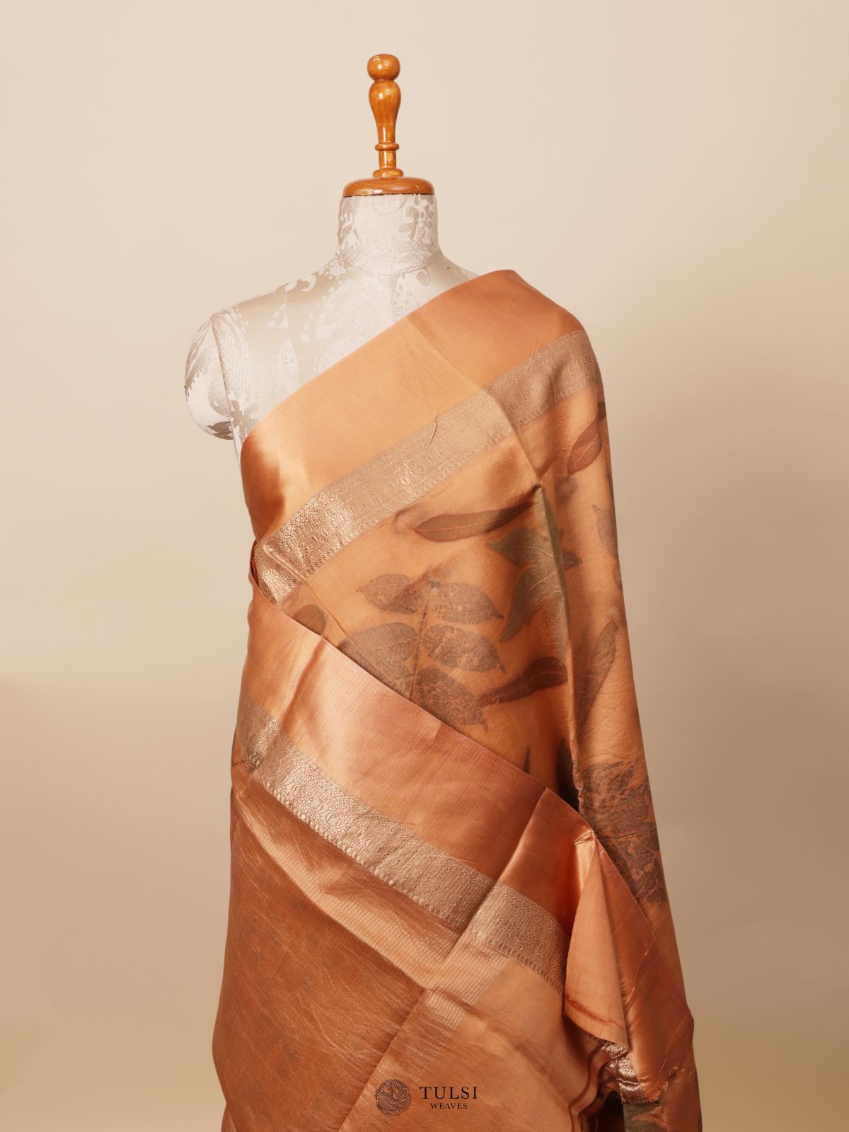 Peach Eco Print Silk Saree With Satin Border