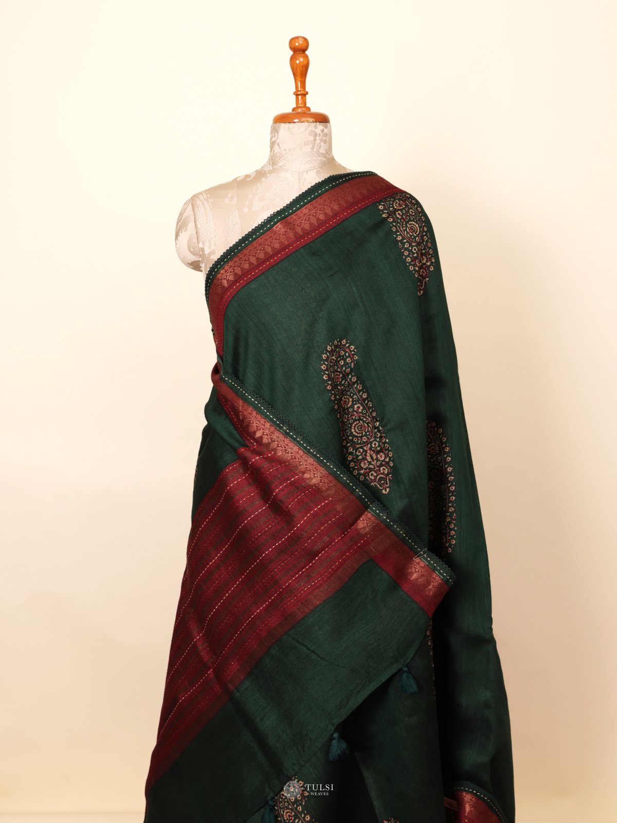 Dark Green Munga Tussar Silk Saree