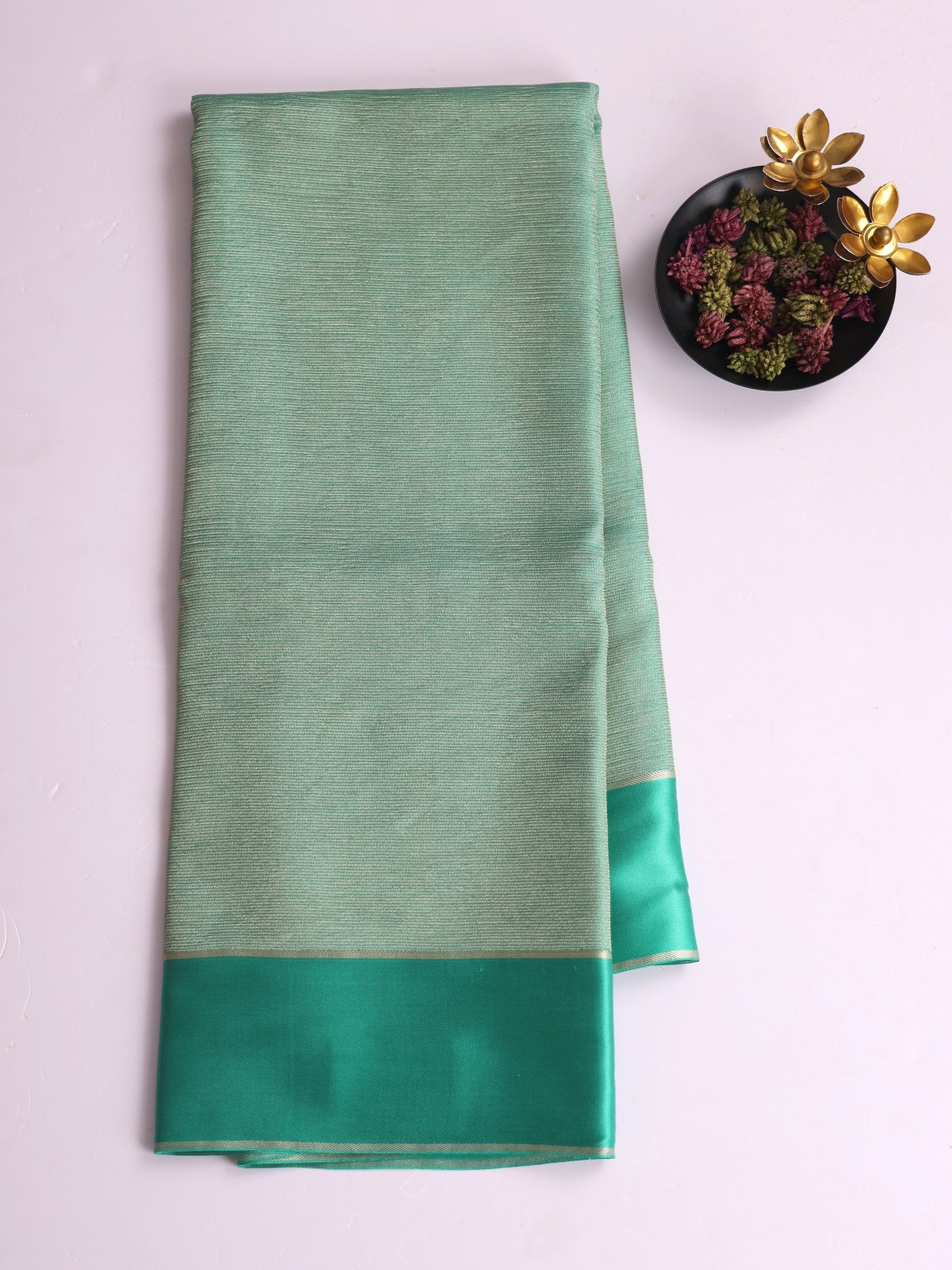 Light Turquoise Zari Striped Mysore Silk Saree With Satin Border 