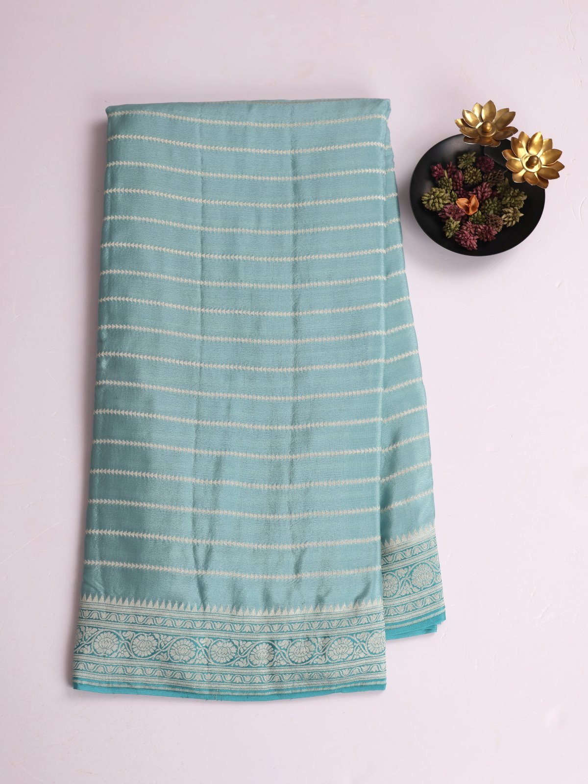 Light Blue Zari Striped Banaras Crepe Silk Saree With Teal Blue Border