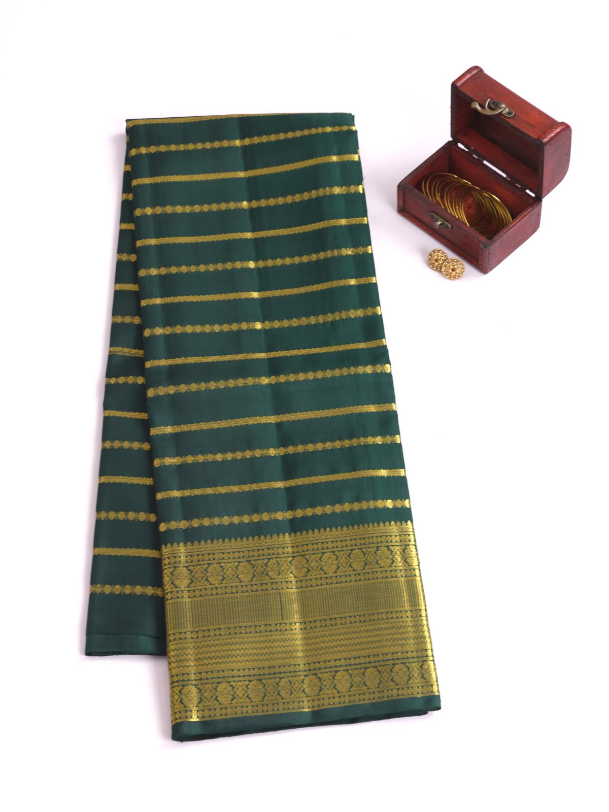Bottle Green Kanjeevaram Silk Pavadai With Zari Border