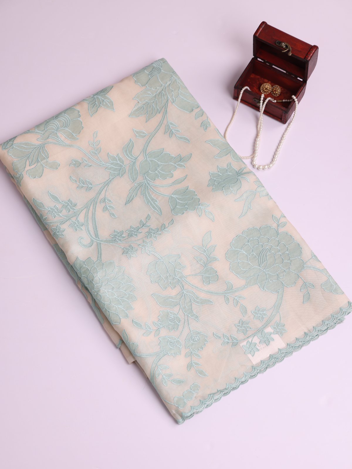 Cream Organza Silk Saree With Light Blue Applique Work