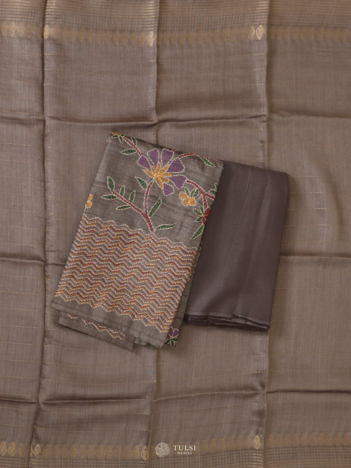 Grey Tussar Salwar Material With Kantha Embroidery