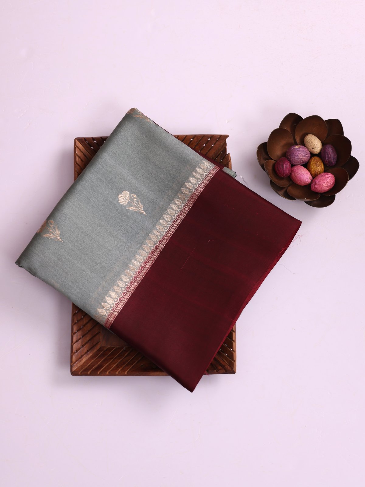 Light Greenish Grey Tussar Organza Silk Saree With Maroonish Brown Satin Border