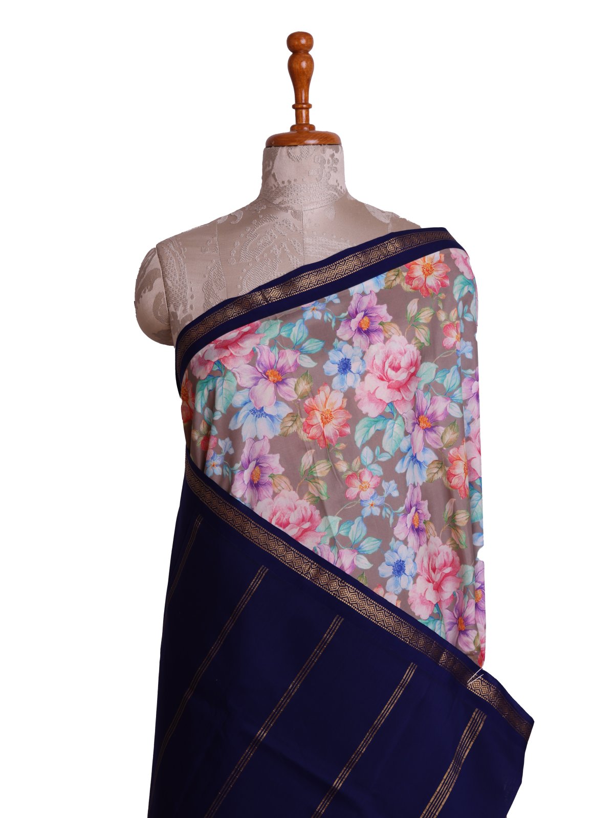 Grey Printed Kanjeevaram Silk Saree With Blue Border