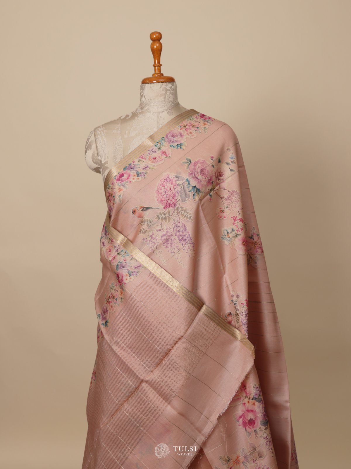 Peach Printed Tussar Silk Saree