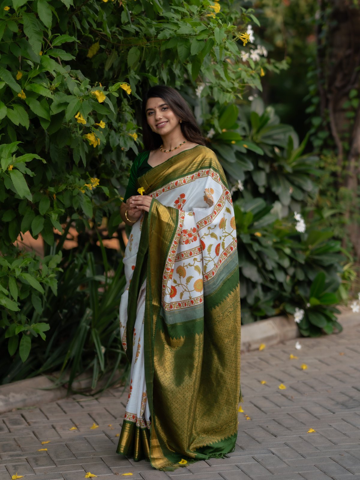 Floral Blockprint Kanjeevaram Silk Saree With Leaf Green Zari Border