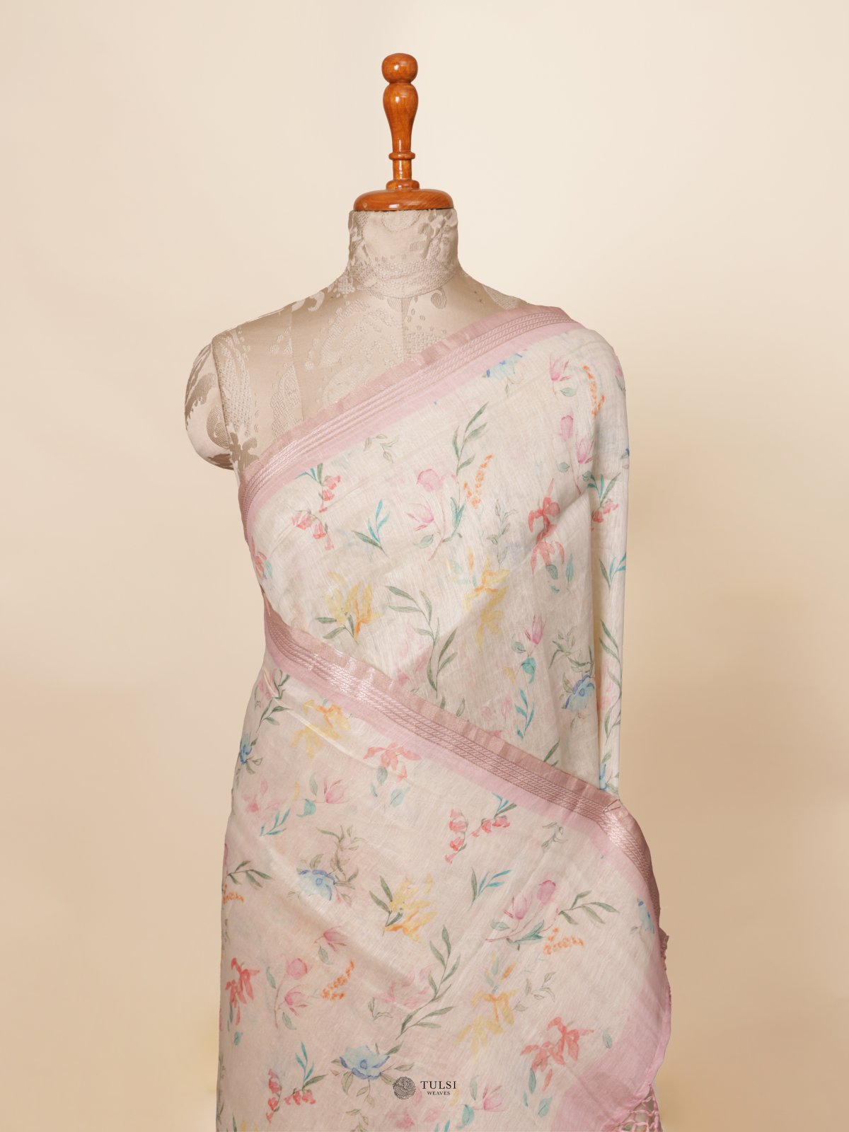 Off-White Printed Linen Saree