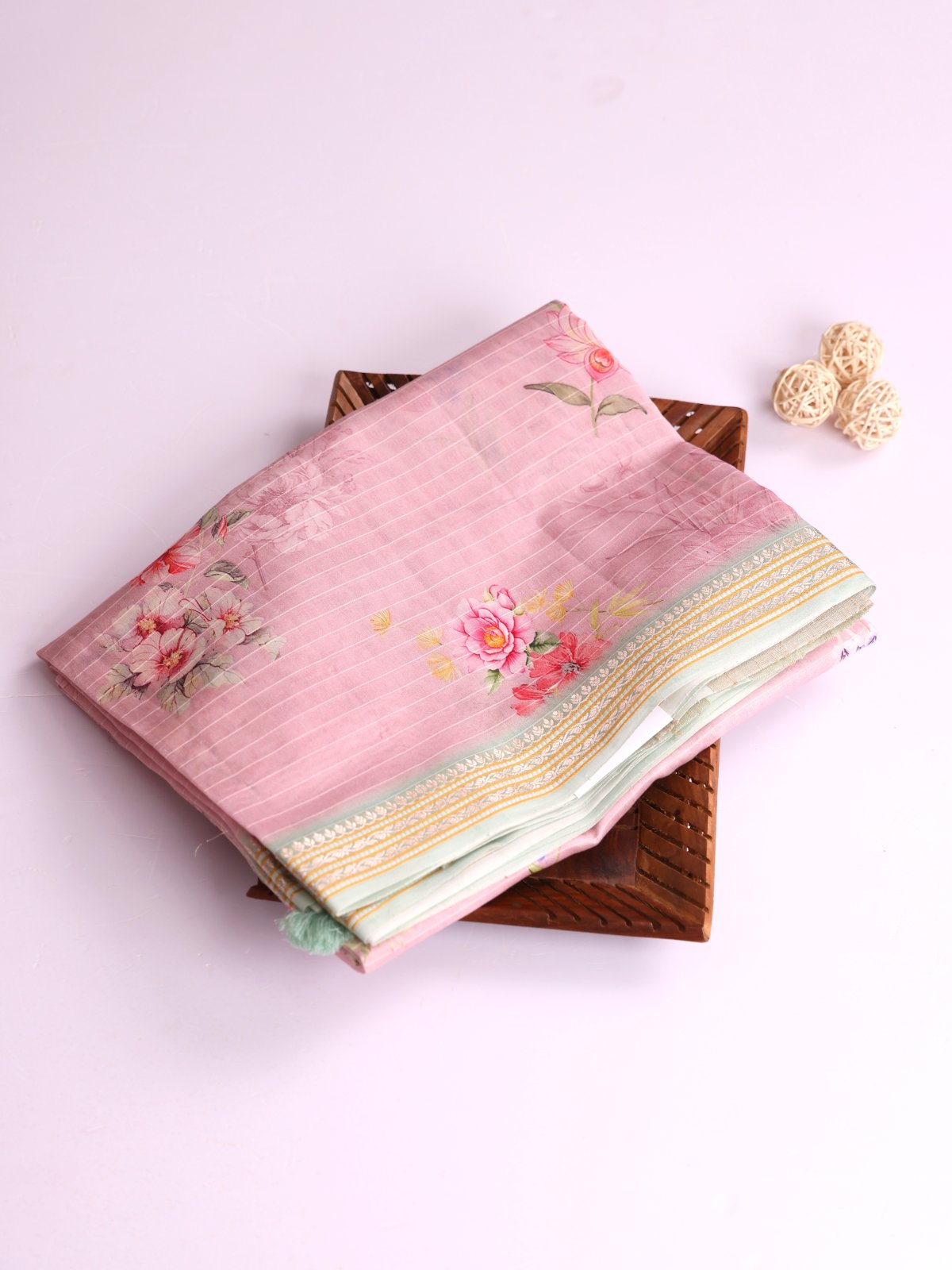 Baby Pink Printed Chanderi Cotton Saree With Light Green Zari Border