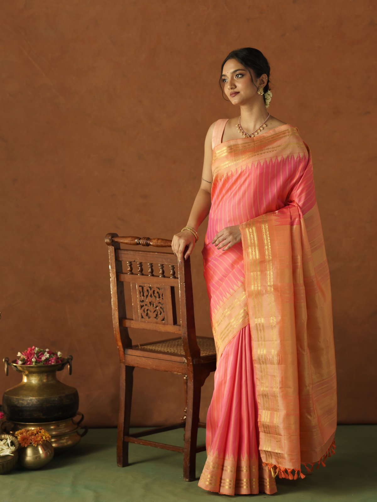 Pinkish Peach Gadwal Sareee With Peach Border