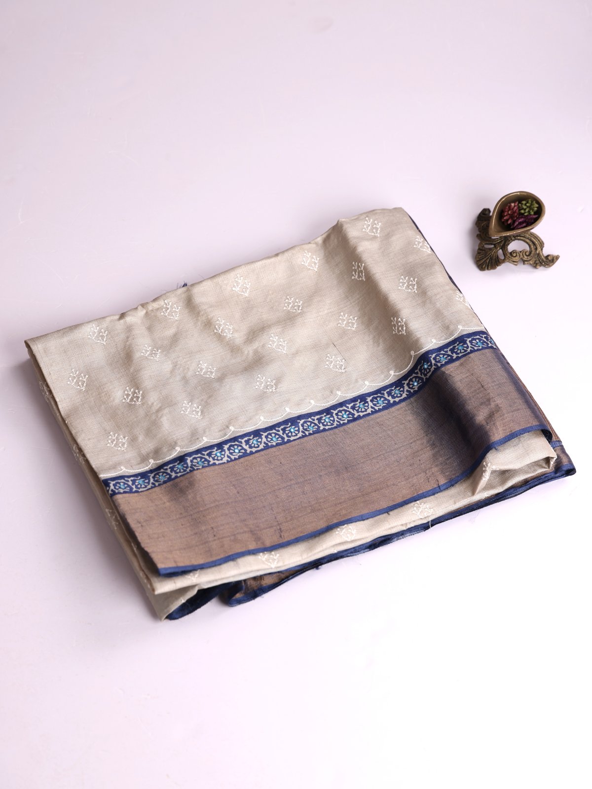 Light Grey Embroidered Tussar Silk Saree With Dark Blue Zari Border