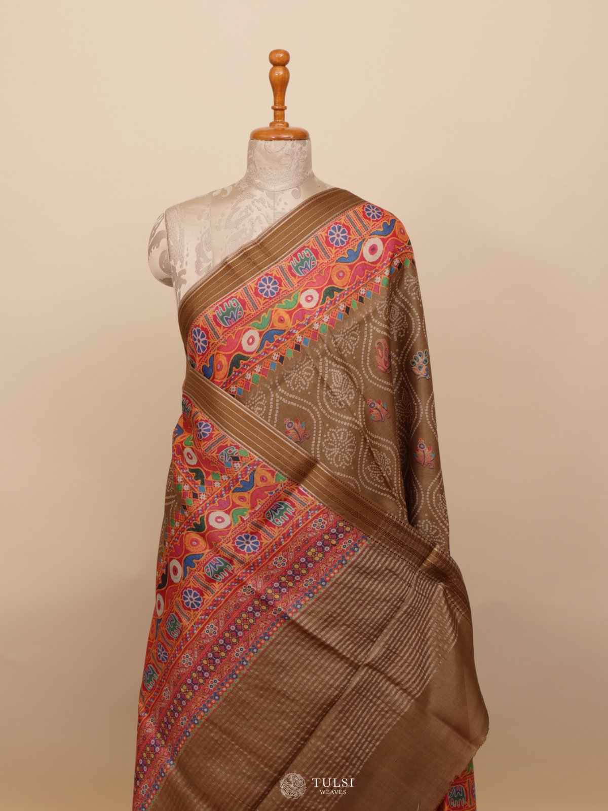 Light Brown Printed Tussar Silk Saree